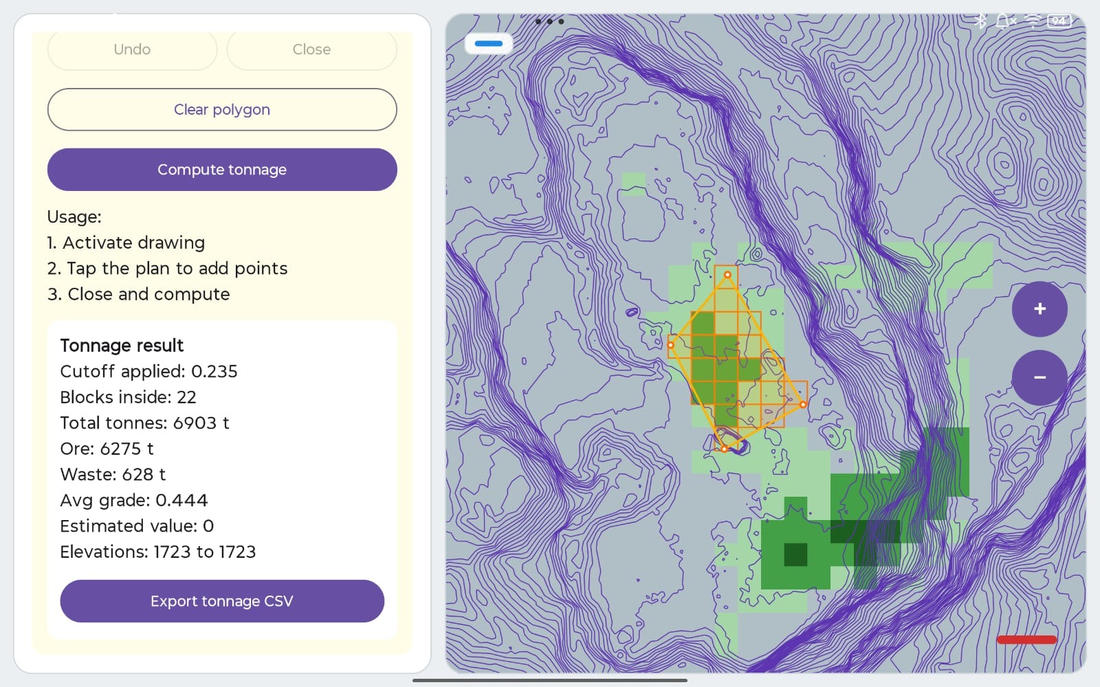 Tonnage calculation screen